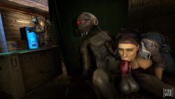 1girls 1male 3d alien alyx_vance blowjob breasts brown_hair clothing combine_(half-life_series) combine_soldier dark-skinned_female dark_hair fellatio gas_mask green_eyes gun half-closed_eyes half-life half-life_(series) half-life_2 human human_female interspecies large_balls large_penis mask masked masked_male mostly_nude nipples nude nude_female on_hands_and_knees partially_clothed pinkm45k red_eye red_penis short_hair soldier source_filmmaker stealth_sex straight vortigaunt watermark