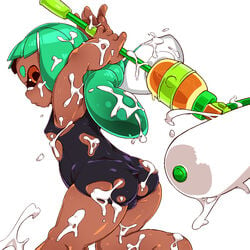 bukkake dark-skinned_female dark_skin erect_nipple female female_only green_hair ink inkling inkling_girl mad masks ripped_clothing smooth_skin solo splat_roller splatoon swim_suit tentacle tentacle_hair young younger_female