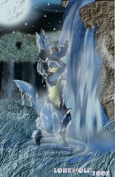 anthro blue_fur color fur furry lonewolf lucario male male_only moon night nude outdoors penis pokemon pokemon_(species) side_view sky solo standing tagme washing water waterfall