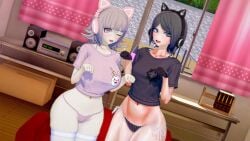 2girls 3d artist_request big_breasts black_hair breasts cat_ear_headphones cat_ears danganronpa danganronpa_2:_goodbye_despair female_only gamer_girl koikatsu monomi_(danganronpa) mukuro_ikusaba nanami_chiaki pink_hair short_hair straight_hair tagme thick_lips thick_thighs thighhighs