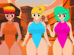 3girls amber_(brawl_stars) ass_visible_through_thighs big_breasts brawl_stars brown_eyes curves curvy curvy_hips female female_only females green_hair huge_breasts large_breasts lola_(brawl_stars) multiple_girls piper_(brawl_stars) red_hair sharp_teeth swimsuit teddisin yellow_hair