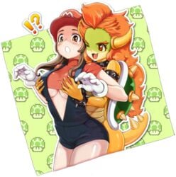 2girls blush blush_lines bowser bracelet breast_grab breasts brown_eyes brown_hair clothes color cute_fang female female_bowser female_only gloves green_shell groping hair hat horns human interspecies jewelry koopa layil long_hair mario_(cosplay) mario_(series) multiple_girls nintendo red_eyes red_hair rule_63 shell spiked_bracelet spikes spiky_shell straight_hair super_mario_bros. surprised surprised_arms underboob wink yuri