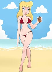 animaniacs beach bikini blonde_hair blue_eyes bottle clothed female female_only hello_nurse killer_lotion lipstick lotion makeup rodjim solo sunscreen swimsuit