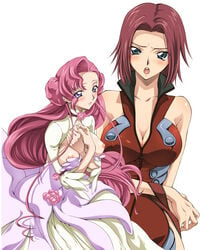 2girls angry blue_eyes cleavage code_geass euphemia_li_britannia female kallen_stadtfeld long_hair looking_at_viewer multiple_females multiple_girls pink_hair purple_eyes red_hair short_hair