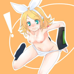 blonde_hair blue_eyes blush breasts c2 footwear hair_ribbon hair_ribbons kagamine_rin kazuki panties ribbon ribbons short_hair socks topless underwear undressing vocaloid