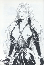 1990s 1997 1girls 20th_century black_and_white breasts breasts_out closed_mouth clothed clothes eye_contact female female_only final_fantasy final_fantasy_vii greyscale hair long_hair looking_at_viewer medium_breasts medium_hair monochrome nipples open_clothes open_eyes partially_clothed partially_nude round_ears rule_63 scan sephiroth sketch solo solo_female straight_hair suzuhara_shino_(artist) sword underhand_grip very_long_hair weapon white_background