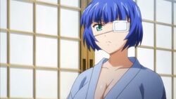 blue_hair breasts cleavage eyepatch female ikkitousen large_breasts ryomou_shimei short_hair