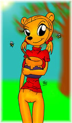 1girls anthro bee black_eyes black_nose bottomless bow closed_mouth clothes color day disney female female_only front_view fur furry furry_ears hair hairbow holding honey literature looking_at_viewer open_eyes orange_fur orange_hair outdoors pooh_bear pot public_domain pussy round_ears rule_63 shirt sky smile solo standing straight_hair tied_hair tree twintails vulva winnie_the_pooh_(franchise)