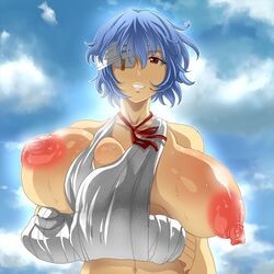 areolae bandage blue_hair breast_press breasts cast dark-skinned_female dark_skin eye_patch female gigantic_breasts highres huge_breasts large_areolae large_breasts long_nipples neon_genesis_evangelion nipples red_eyes rei_ayanami solo sweat tora_(net1nen)