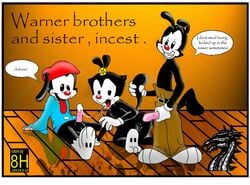 2002 after_sex all_fours animaniacs black_fur clothes clothing color cum dot_warner english_text erect_penis female feral flower fur gloves incest male multiple_males penis red_nose sex tagme text wakko_warner white_fur yakko_warner