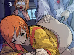 3girls :o akaga_hirotaka ass ass_grab blue_hair blush bottomless brooch brown_hair clenched_teeth female female_only glasses green_eyes heart insertion jacket jewelry long_hair luna_(mujin_wakusei_survive) menori_visconti mujin_wakusei_survive multiple_girls open_mouth orange_hair penetration red_hair sharla_(mujin_wakusei_survive) short_hair sketch spring_onion surprised survive tears top-down_bottom-up uninhabited_planet_survive walk-in what wince window yuri