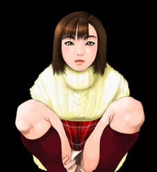 blush brown_hair clothing female kneehighs nozomi_harasaki panties panties_aside presenting_pussy pubic_hair pussy shenmue short_hair skirt solo upskirt