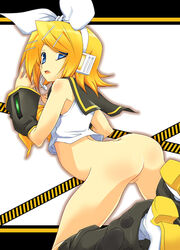 ass bent_over blue_eyes boots bottomless caution_tape detached_sleeves hair_ornament hair_ribbon hairclip headset hermmy kagamine_rin kneeling no_panties no_pussy ribbon school_uniform serafuku short_hair solo vocaloid