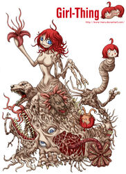 1girls beige_skin blue_eyes color female gore guro horror ikura-maru monster no_nipples red_hair short_hair solo text