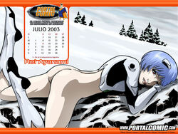 1girls 2003 ass blue_hair breasts calendar_(medium) clothing female female_only human mariano_navarro neon_genesis_evangelion pale-skinned_female pale_skin pilot_suit plugsuit red_eyes rei_ayanami short_hair solo tagme