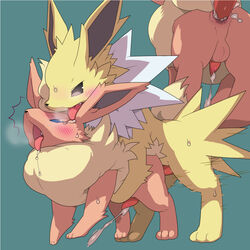 3_toes anus ass balls beige_fur black_skin blue_background blue_eyes breath brown_eyes brown_fur canine close-up crying cum cum_in_ass cum_inside cum_on_penis cumshot dacryphilia doggy_style drooling eeveelution erection flareon from_behind fur gay hi_res japanese jolteon konzaburou long_ears male male/male male_flareon male_jolteon nintendo no_humans open_mouth orange_fur orgasm penis pink_skin plain_background pokemon red_penis red_skin saliva shadow sharp_teeth shiny skin squint sweat teal_background tears teeth tongue tongue_out yellow_fur