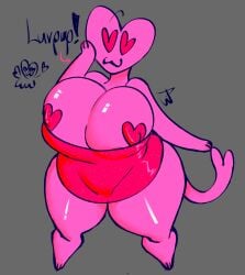 animal_humanoid anthro big_breasts breasts canid canine canis clothed clothing curvy_figure digital_drawing_(artwork) digital_media_(artwork) dress female fur grey_background heart_eyes heart_symbol hi_res holidays huge_breasts humanoid kappi0 luvpup_(species) mammal mammal_humanoid nipples pink_body pink_fur short_dress simple_background smile solo tail text thick_thighs topwear valentine's_day voluptuous watermark wide_hips