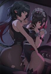 2girls ai_generated ass ellen_joe female female_focus jane_doe_(zenless_zone_zero) light-skinned_female light_skin mirror mirror_selfie phone rat rat_ears rat_girl rat_tail shark_girl shark_tail sidillusts tail thighs torn_pantyhose wide_hips yuri zenless_zone_zero