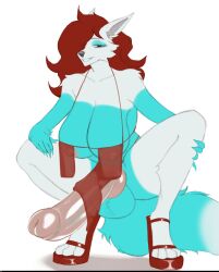 absurd_res anthro balls blue_body canid canine clothing footwear fur genitals gynomorph hair hi_res high_heels intersex mammal penis penis_big red_hair shoes solo spread_legs spreading styhi white_body white_fur