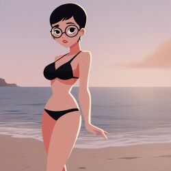 1girls ai_generated bare_arms beach beach_background bikini bikini_bottom bikini_top breasts breasts carmen_sandiego_(2019) carmen_sandiego_(franchise) exposed_shoulders female female female_focus female_only glasses julia_argent julia_argent_(carmen_sandiego) ocean short_hair solo solo_female solo_focus zupern0va_(manipper)