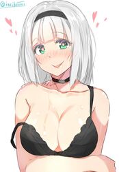 1girls anna_nishikinomiya black_bra bra breasts collar drooling female female_only green_eyes large_breasts saliva shimoneta_to_iu_gainen_ga_sonzai_shinai_taikutsu_na_sekai short_hair solo sweat tagme white_hair