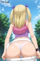 ai_generated ass ass_focus bertox64 big_ass blonde_hair booty_shorts camisole fairy_tail female lace lace-trimmed_panties lucy_heartfilia micro_panties panties seductive_pose tight_clothes twintails underwear undressing white_panties white_shorts