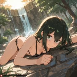 ai_generated asui_tsuyu beautfiul_background drunk lying_on_stomach small_breasts stunning_backgroud waterfall