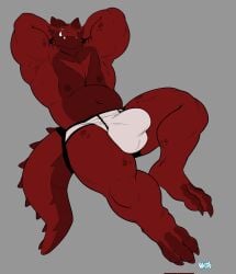 3_toes anthro balls belly big_balls big_penis bluesh bulge claws clothing detailed_bulge dragon feet genitals half-closed_eyes hi_res jockstrap lying male mouth_closed musclegut muscular mythological_creature mythological_scalie mythology narrowed_eyes navel nipples on_back pecs penis red_body relaxing scales scalie sharp_teeth shouty_(xshouty) smile solo tail teeth thick_arms thick_tail thick_thighs toes underwear
