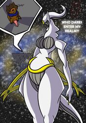 2015 anatomically_correct anthro arceus black_hair black_skin blush brown_fur brown_hair canine claws clothed clothing deity duo english_text erection featureless_breasts featureless_crotch female fur green_eyes green_sclera hair jackal knot legendary_pokemon male mammal nintendo nude penis pokemon red_eyes scarf size_difference space text video_games white_hair white_skin yellow_skin