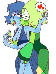 2girls blue_blush blush_lines blushing_profusely breast_grab cartoon_network female female_only gem_(species) gnome-no horny_female lapidot lapis_lazuli_(steven_universe) limb_enhancers multiple_girls peridot_(steven_universe) spoken_heart steven_universe tagme villainess yuri