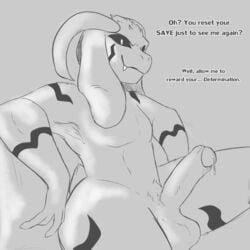 1boy asriel_dreemurr asriel_dreemurr_(god_form) balls black_markings black_sclera boss_monster caprine cock cum dialogue dick english_text fangs goat god_of_hyperdeath greyscale horn horns leaking_cum looking_at_viewer male male_only mammal monochrome monster nebulatower nude penis solo spoilers tail talking_to_viewer testicles text undertale undertale_(series) white_hair