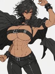 1girls ai_generated belt belt_bra black_cape black_hair black_pants cape cas_(kosine1777) choker dark_skin huge_breasts kosine1777 kosineverse muscular muscular_female original original_character pants short_hair skindentation spiked_bracelet tomboy top_heavy