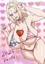 american_flag_bikini big_breasts bikini blonde_female blonde_hair chocolate flag_bikini gilf heart_chocolate mature_female milf naruho naruto tsunade valentine's_day