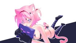 bat_wings blue_eyes camila_(vtuber) cat_ears cat_panties cat_tail indie_virtual_youtuber makeup marking_below_eyes mats_kuro paw_gloves pink_hair plushie thighhighs virtual_youtuber