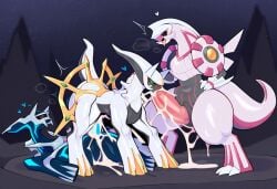 2025 absurd_res ai_generated arceus balls big_penis blush bodily_fluids breath claws cum cum_drip cum_in_mouth cum_inside cum_on_ground cum_on_penis cum_pool cum_string dialga dragon dripping duo erection excessive_cum excessive_genital_fluids feral generation_4_pokemon genital_fluids genitals giratina green_sclera group heart hellsonger hi_res legendary_pokemon looking_pleasured male male/male nintendo open_mouth oral penetration penile penis pokemon pokemon_(species) saliva sex standing tongue tongue_out