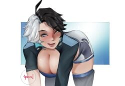 1girls adilorn bent_over big_breasts cleavage female female_only heterochromia luna_snow luna_snow_(marvel_rivals) marvel marvel_rivals smile thick_thighs