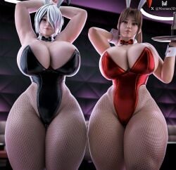 2girls 3d 3d_(artwork) angel_(kof) ass big_ass big_breasts big_butt blue_eyes breasts brown_eyes brown_hair bunny bunny_costume bunny_ears bunny_girl bunnysuit curvaceous curves curvy curvy_body curvy_female curvy_figure dead_or_alive fatal_fury hips king_of_fighters large_ass large_breasts large_butt mai_shiranui milf nixmare_(artist) stockings street_fighter street_fighter_6 thick thick_ass thick_hips thick_legs thick_lips thick_thighs thighs voluptuous voluptuous_female voluptuous_milf white_hair