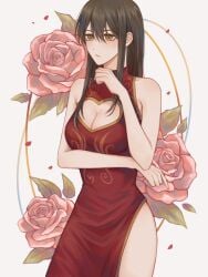 amber_eyes black_hair brown_eyes china_dress chinese_clothes cleavage cleavage_cutout female female_only genderswap_(mtf) gintama katsura_kotarou long_hair medium_breasts official_alternate_costume pale-skinned_female pale_skin rule_63 side_slit solo wwalanx yellow_eyes zurako