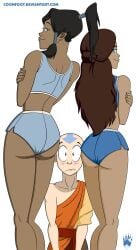 1boy 2girls aang avatar_the_last_airbender back_view bald bald_man blue_eyes blush brown-skinned_female brown_skin coonfoot dark-skinned_female dark_skin dat_ass katara korra light-skinned_male long_hair looking_at_viewer looking_back male/female ponytail pose posing standing the_legend_of_korra tied_hair twintails water_tribe