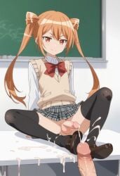 1boy after_footjob ai_generated androgynous bukkake crossdressing cum cum_in_feet cum_on_shoes cum_on_socks femboy feminine_body feminine_male footjob himegoto oda_mitsunga orange_eyes orange_hair penis sockjob socks trap