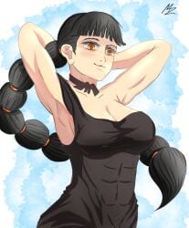 2d 2d_(artwork) alternate_version_available armpits arms_up black_hair breasts breasts_out female_focus female_only jujutsu_kaisen large_breasts light-skinned_female light_skin long_hair looking_at_viewer mouzedd21 remi_(jujutsu_kaisen) seductive_look seductive_smile shaved_pussy showing_off