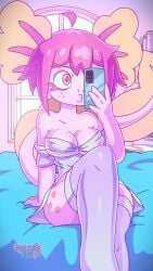 axolotl phone pink_hair pink_skin selfie tail thighhighs vitzy_(vitzypie) vitzypie