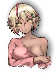 arkingr blonde_hair dark-skinned_female dark_skin earrings hairpin indie_virtual_youtuber kokonuts large_breasts looking_at_viewer monkey_girl no_bra short_hair virtual_youtuber yellow_eyes