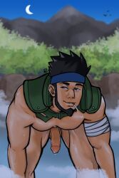 balls bara beard bent_over facial_hair flaccid headband male male_only muscles muscular naruto oji_bara penis ripped_clothing sarutobi_asuma solo solo_male