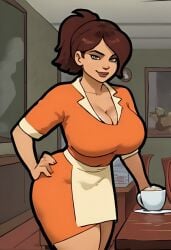 big_ass big_breasts big_butt big_thighs brown_hair hourglass_figure metal_family russian_text tagme waiter waiter_(metal_family)