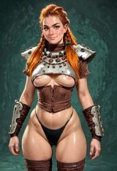 1girls ai_generated aloy armor big_breasts black_thong breasts civitai earrings eyeliner female freckles green_eyes highleg highleg_leotard horizon_forbidden_west horizon_zero_dawn leotard light-skinned_female light_skin long_hair orange_hair panviewai pinup red_hair scarf thong tribal tribal_clothing