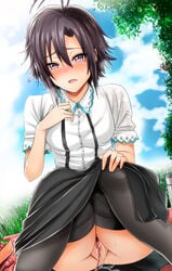 black_hair black_legwear blue_sky blush bottomless breasts censored cloud female idolmaster inu_(marukome) kikuchi_makoto looking_at_viewer object_insertion open_mouth purple_eyes pussy pussy_juice shirt short_sleeves skirt skirt_lift sky solo squatting squiggle sweat thighhighs vibrator