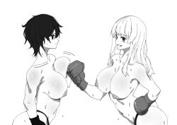 artist_request big_breasts boxing boxing_gloves breasts bruise catfight fight fighting_ring heat huge_breasts original original_characters punching simple_background staredown sweat sweatdrop sweating sweaty sweaty_body topless white_background yuri