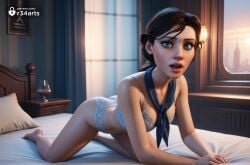 1girls ai_generated all_fours ass barefoot bed bioshock bioshock_infinite black_hair blue_eyes blue_neckerchief bra breasts brown_hair cup curtains drinking_glass elizabeth_comstock hi_res indoors lingerie lips long_hair looking_at_viewer low_ponytail medium_breasts neckerchief nose on_bed open_mouth panties pillow r34arts solo underwear underwear_only white_bra white_panties window wine wine_glass