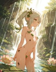 ai_generated beautfiul_background dirty hand_on_thigh lotus nahida_(genshin_impact) pasties sigh small_breasts stunning_backgroud waterfall